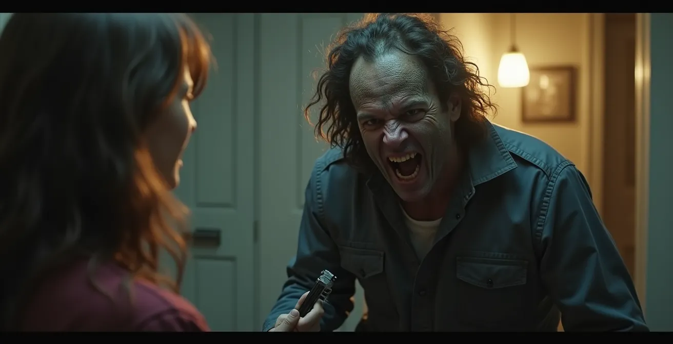 Acteur en costume d'horreur dans un escape game, expression intense et immersive