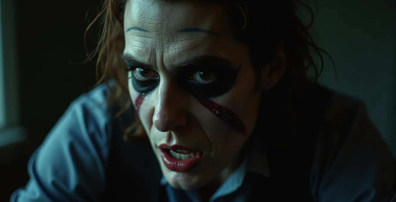 Game Master en personnage dans un escape game horreur, ambiance sombre avec éclairage dramatique