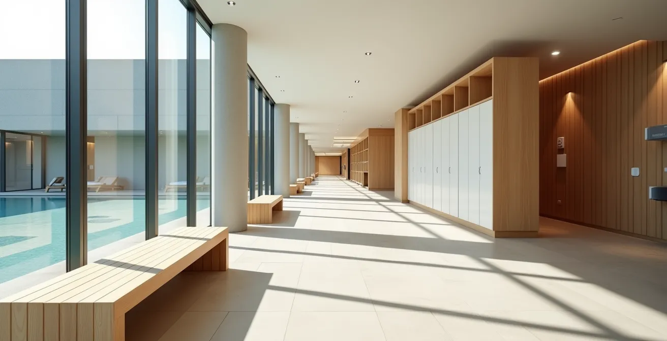 Espace de transition moderne entre zone piscine et salle de musculation