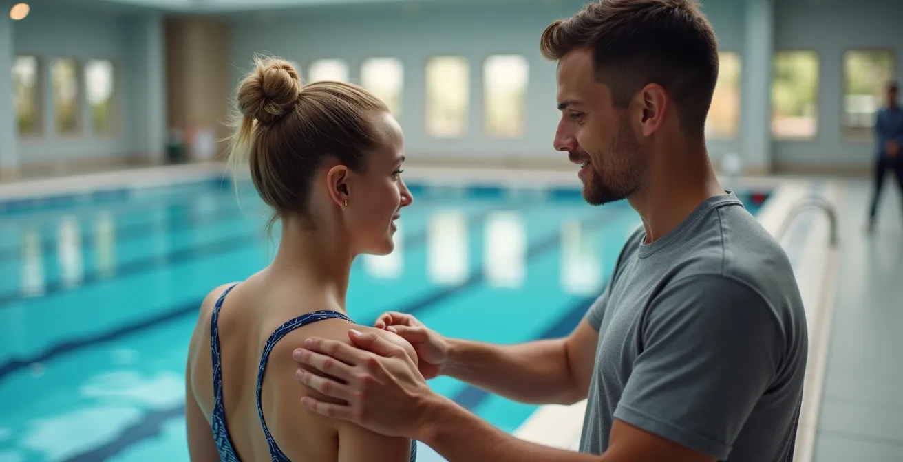 Coach sportif évaluant la posture d'un pratiquant au bord de la piscine