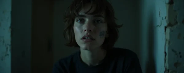 Image réaliste d'un joueur dans une ambiance d'escape game horreur immersive, éclairage cinématographique avec bokeh naturel