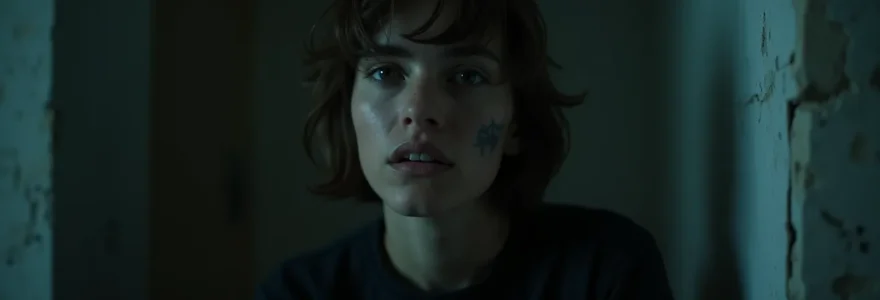 Image réaliste d'un joueur dans une ambiance d'escape game horreur immersive, éclairage cinématographique avec bokeh naturel