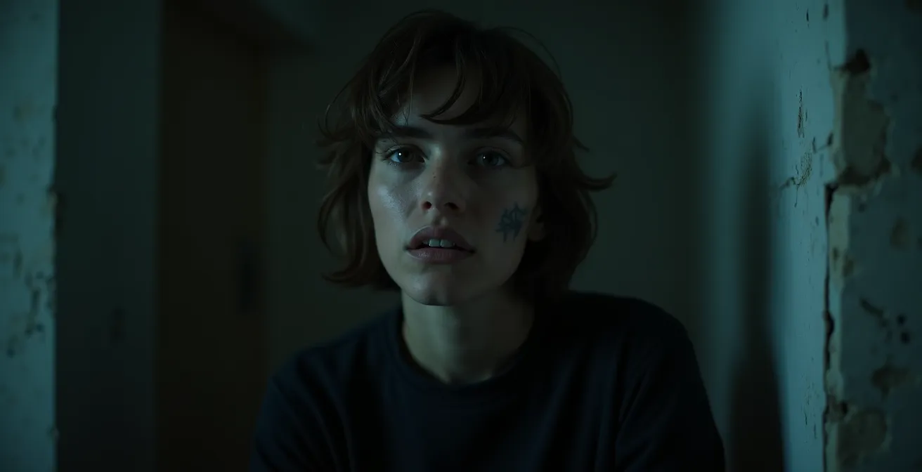 Image réaliste d'un joueur dans une ambiance d'escape game horreur immersive, éclairage cinématographique avec bokeh naturel