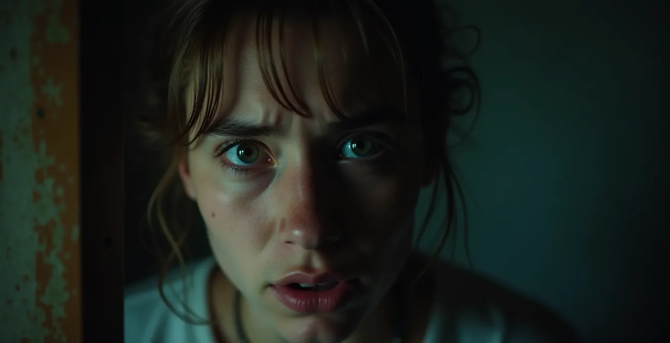 Joueur vivant intensément une scène d'escape game horreur, expression concentrée visible