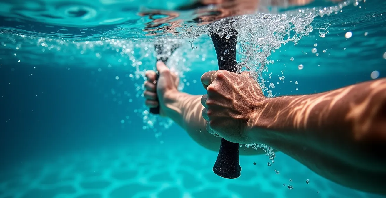 Détail de muscles en mouvement sous l'eau avec résistance visible