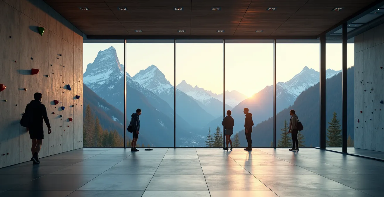Vue panoramique d'une salle d'escalade grenobloise avec les Alpes en arrière-plan