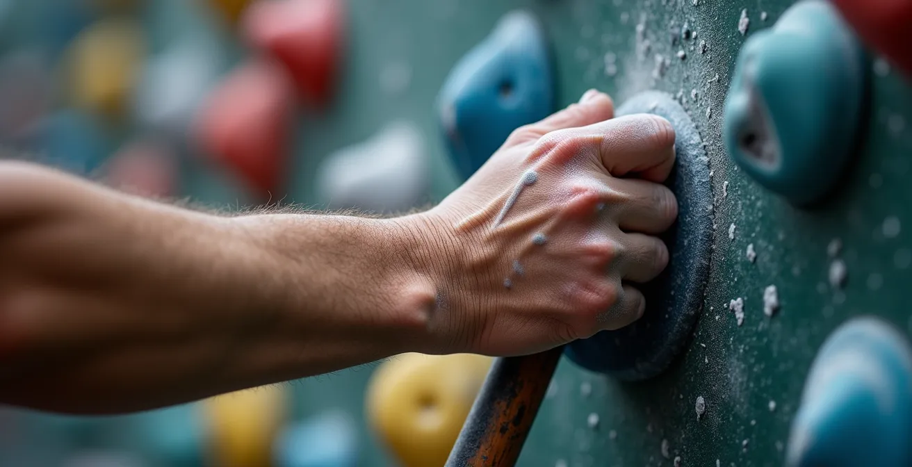 Vue anatomique détaillée des chaînes musculaires d'un grimpeur en action