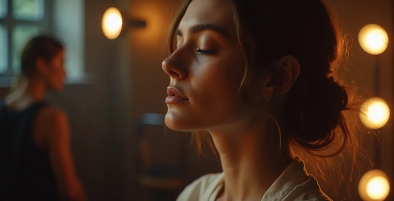 Portrait rapproché d'un artiste en concentration avant son entrée en scène