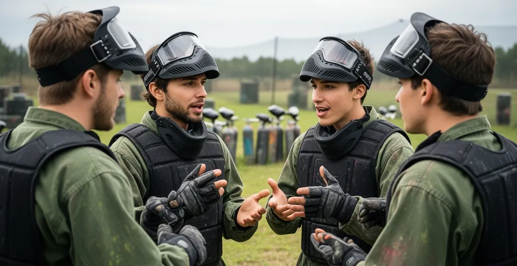 Petit groupe de collègues en équipement paintball discutant tactique masques relevés
