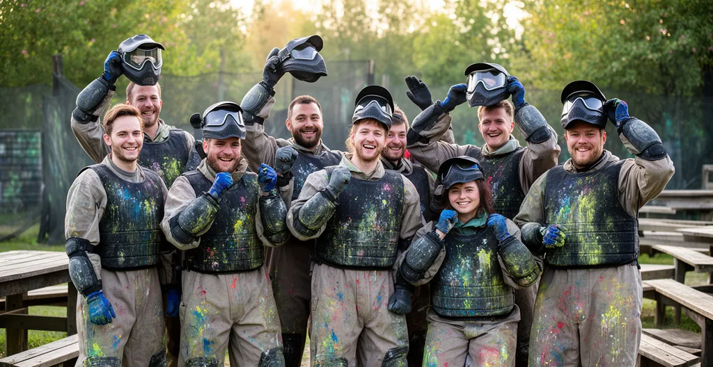 Groupe de collègues souriants se congratulant après session paintball