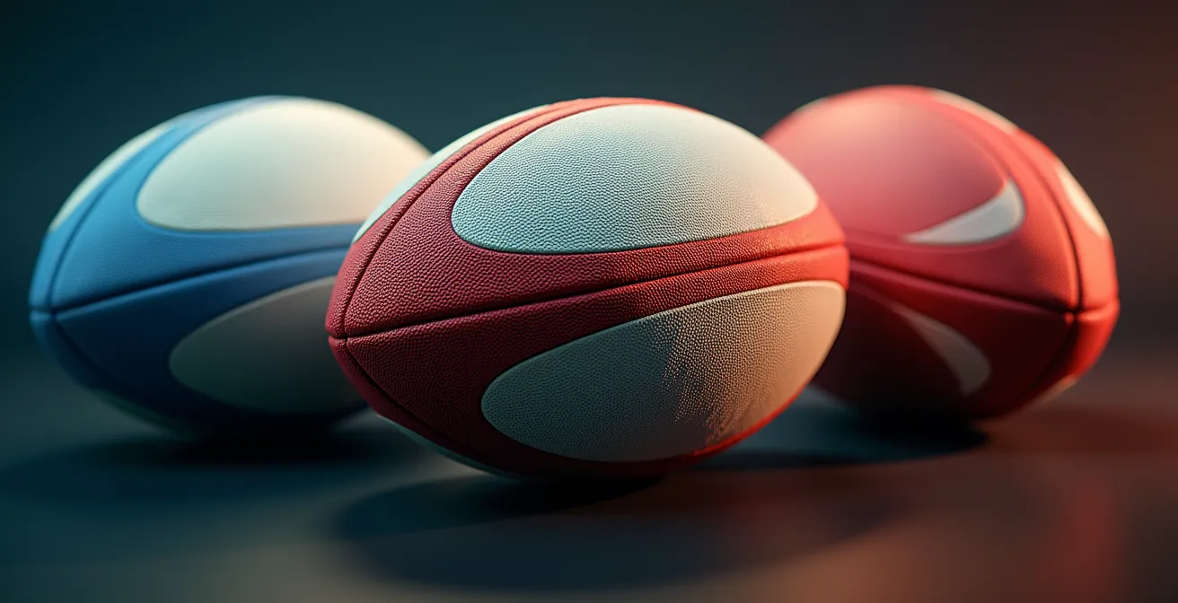 Gros plan macro sur trois textures différentes de surface de ballons de rugby