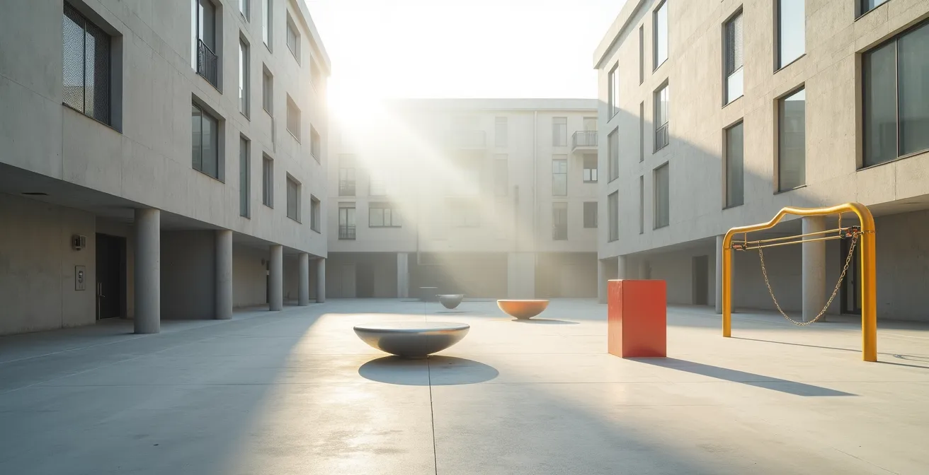 Espace sportif urbain épuré avec architecture moderne