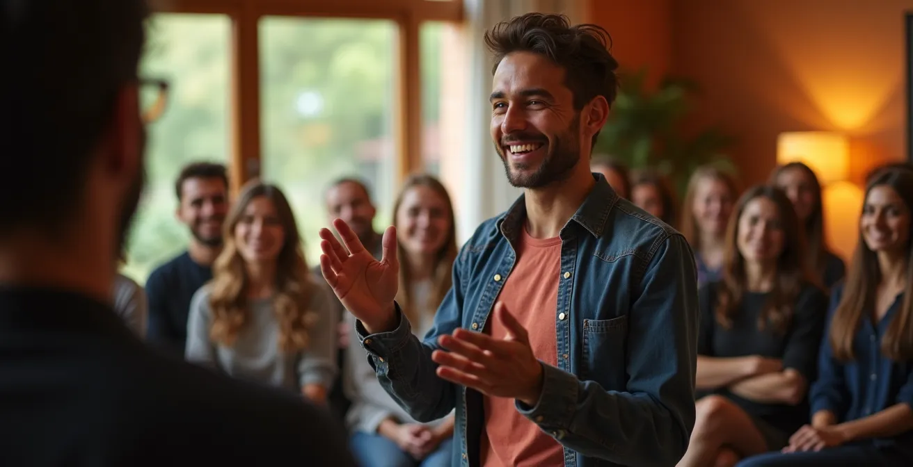 Personne debout devant un groupe, sourire confiant, bras ouverts