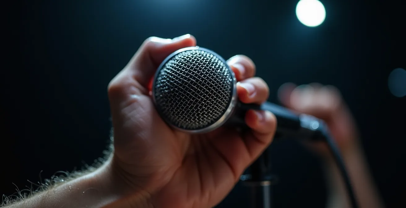 Gros plan sur une main tremblante tenant un microphone