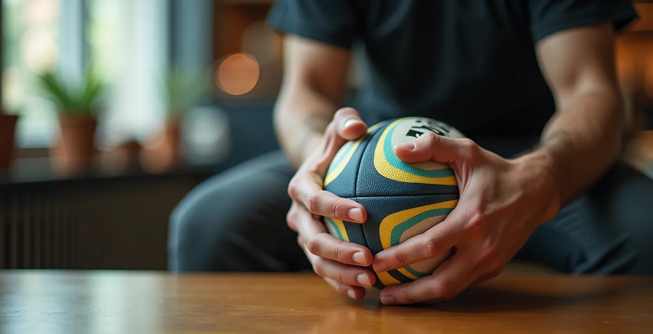 Joueur testant la prise en main d'un ballon de rugby dans un environnement sportif