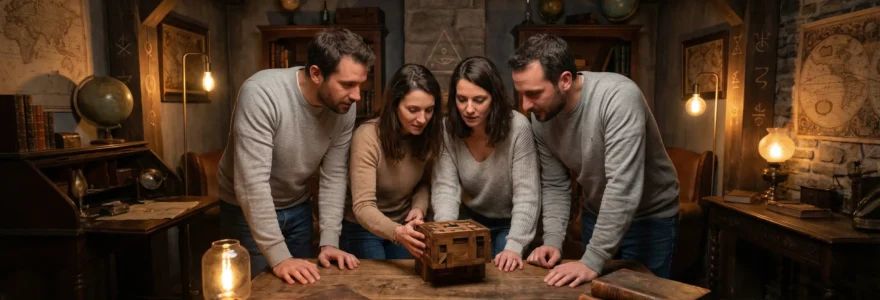 Équipe analysant une énigme dans un escape game immersif