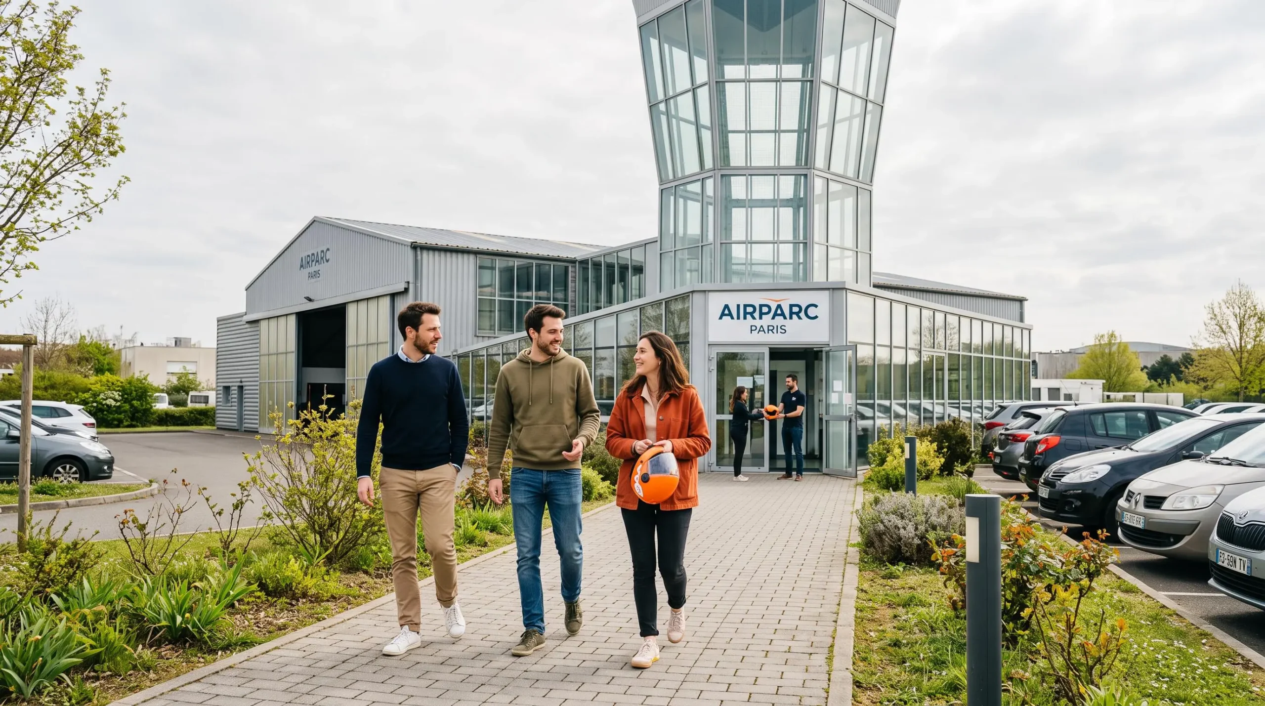 Groupe d'amis marchant vers l'entrée d'un centre de chute libre indoor, avec le grand tube vitré de la soufflerie en arrière-plan.