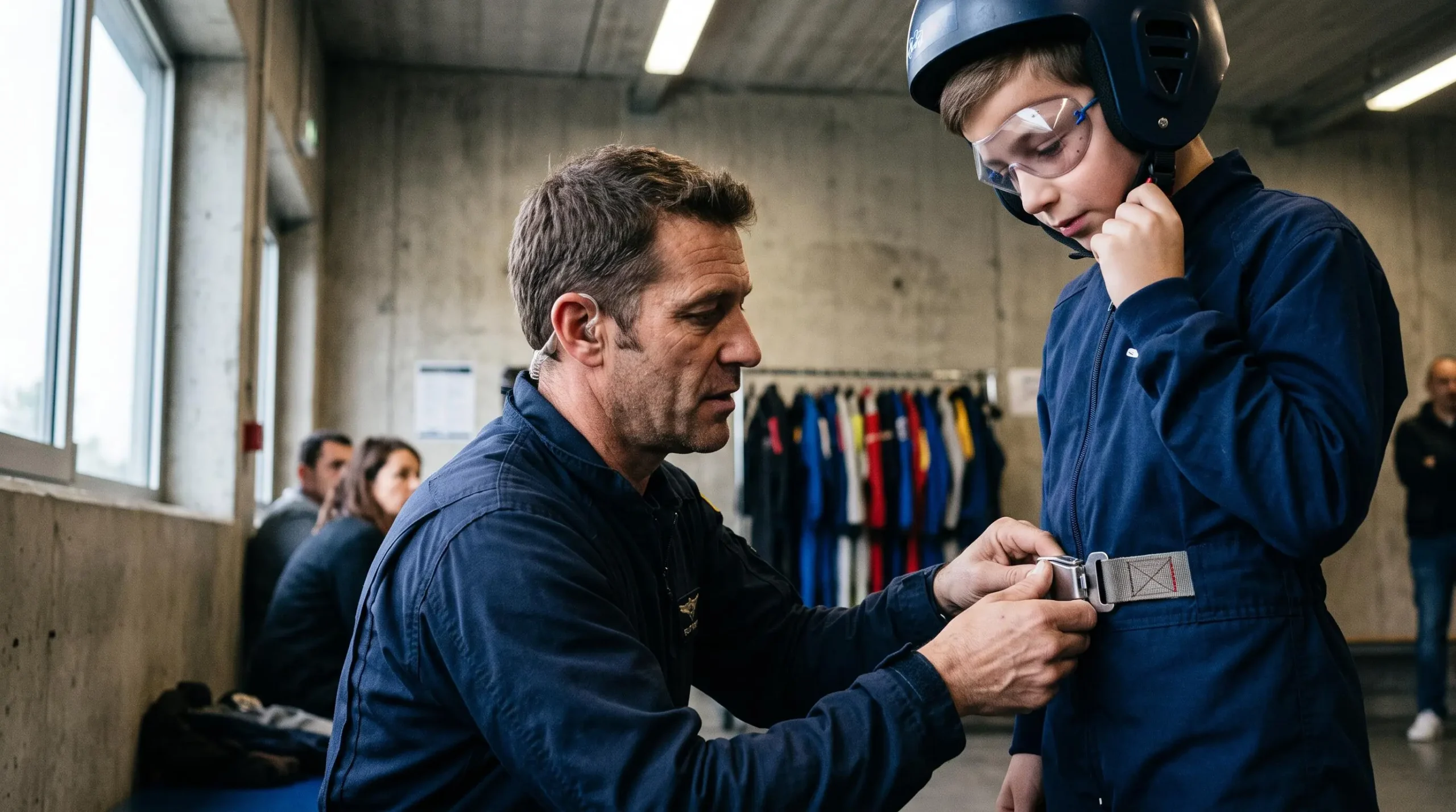Instructeur vérifiant la sangle du casque d'un jeune enfant en combinaison de vol, dans la zone de préparation d'une soufflerie.